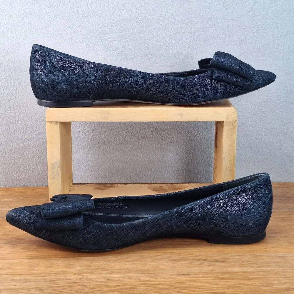 Tory Burch Rosalind Women's 9 Ballet Flats Navy Blue Printed Suede Bow Slip On